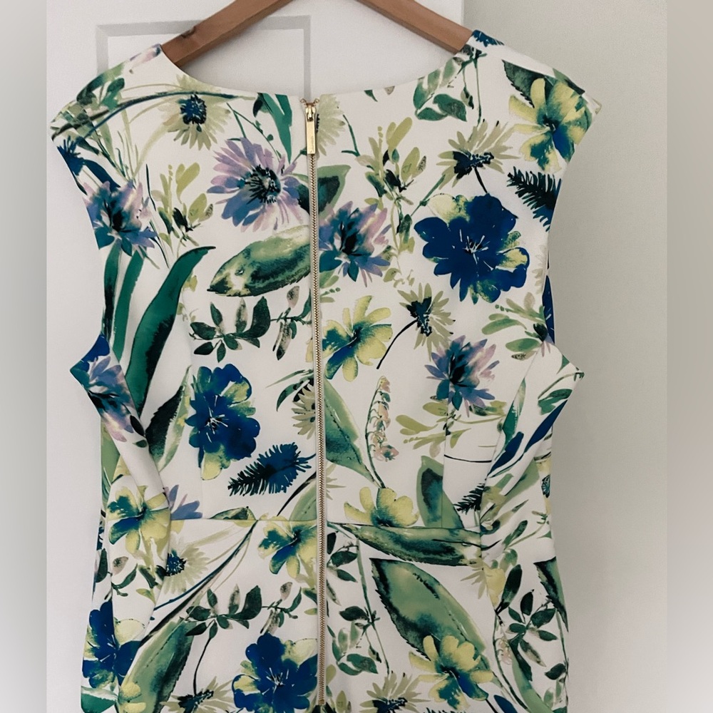 Calvin Klein White Floral Sheath Dress with Blue and Green Accents - Picture 2 of 4